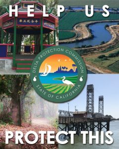 Montage of images from the California Delta with overlaid text, "Help us protect this."