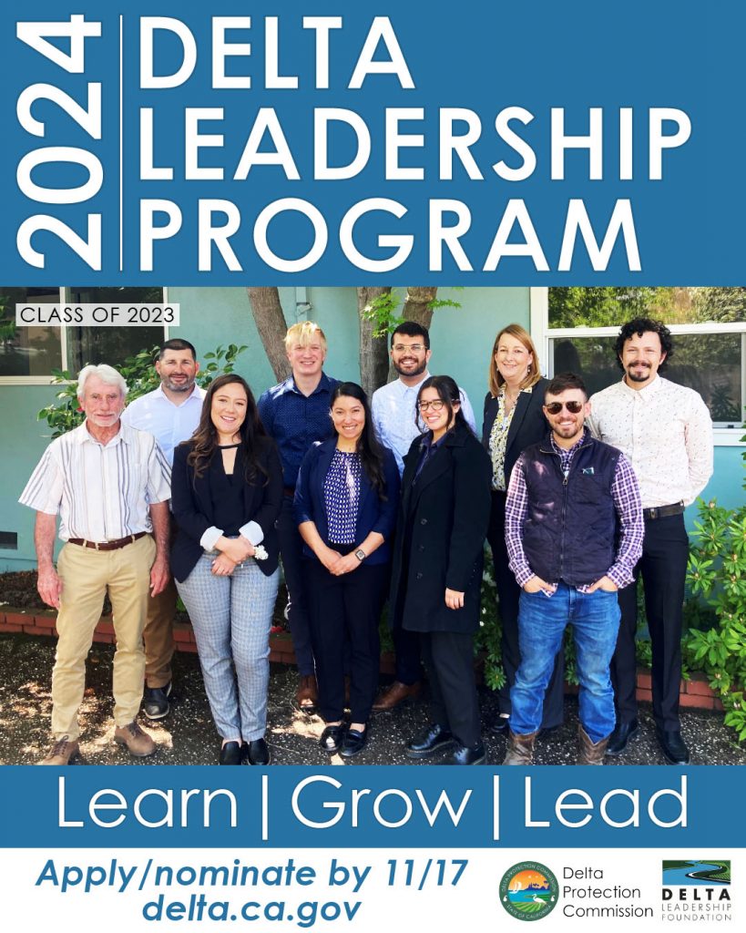 Delta Leadership Program promo with "Learn, Grow, Lead" tagline and the words, "Apply/nominate by 11/17 delta.ca.gov"