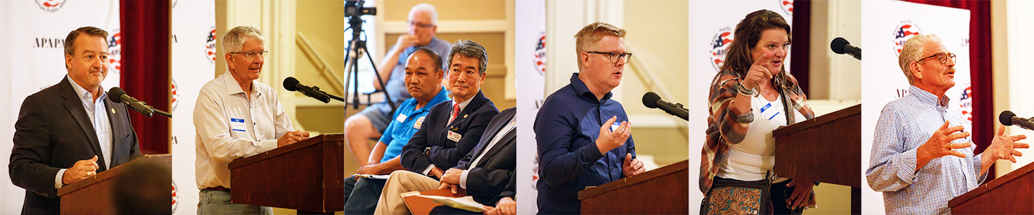 Montage of speakers and leaders at a town hall meeting