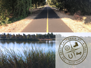 A bike trail, a river and the Great California Delta Trail logo.