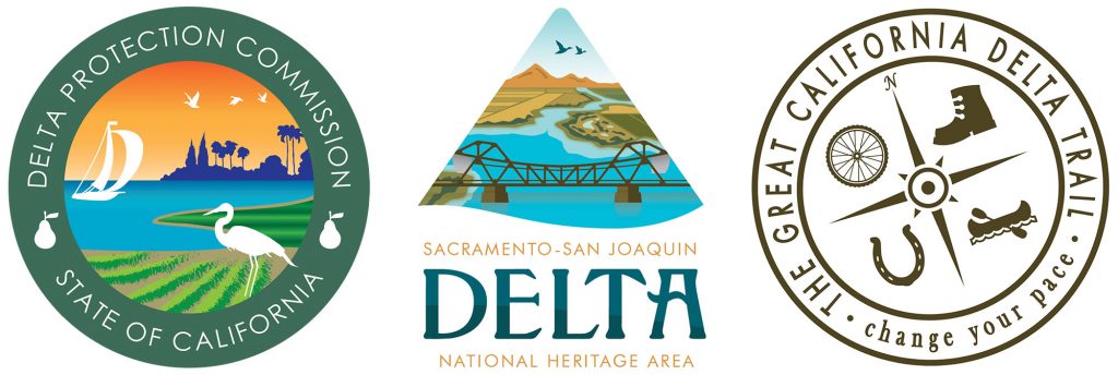 Logos for the Delta Protection Commission, Delta National Heritage Area, and Great California Delta Trail.