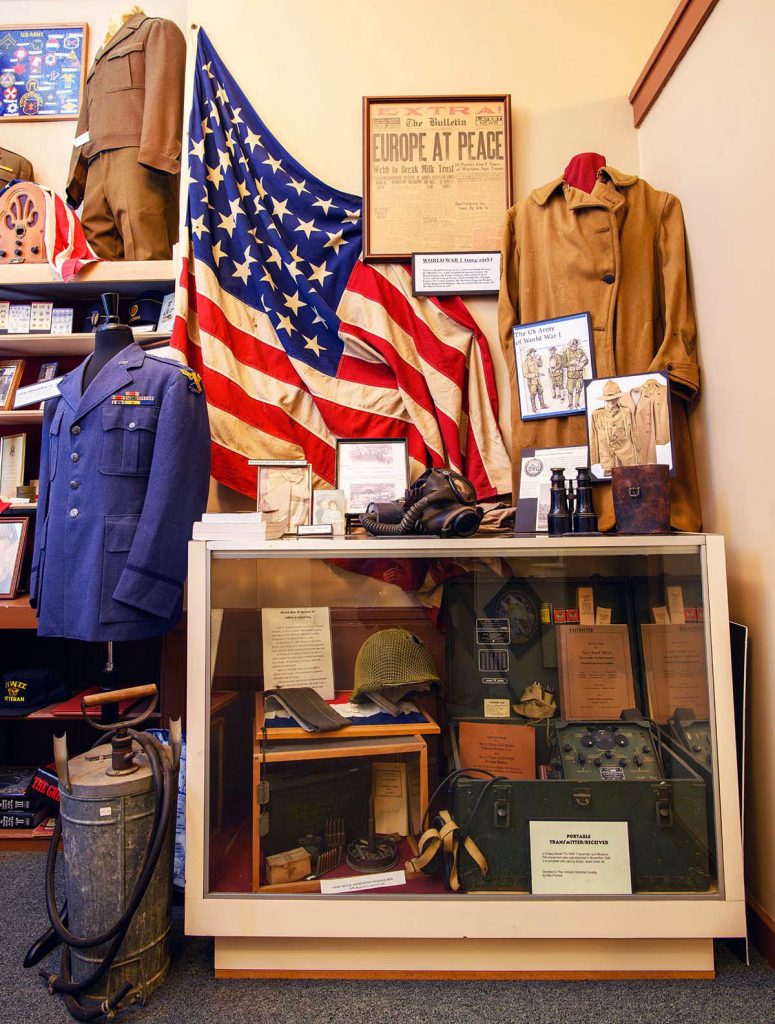 Display of US flags and wartime memorabilia
