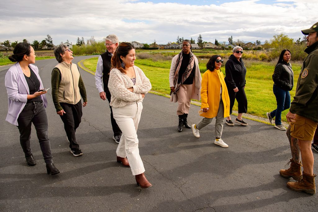 A group of adults walking down an asphalt path in the middle of a green area