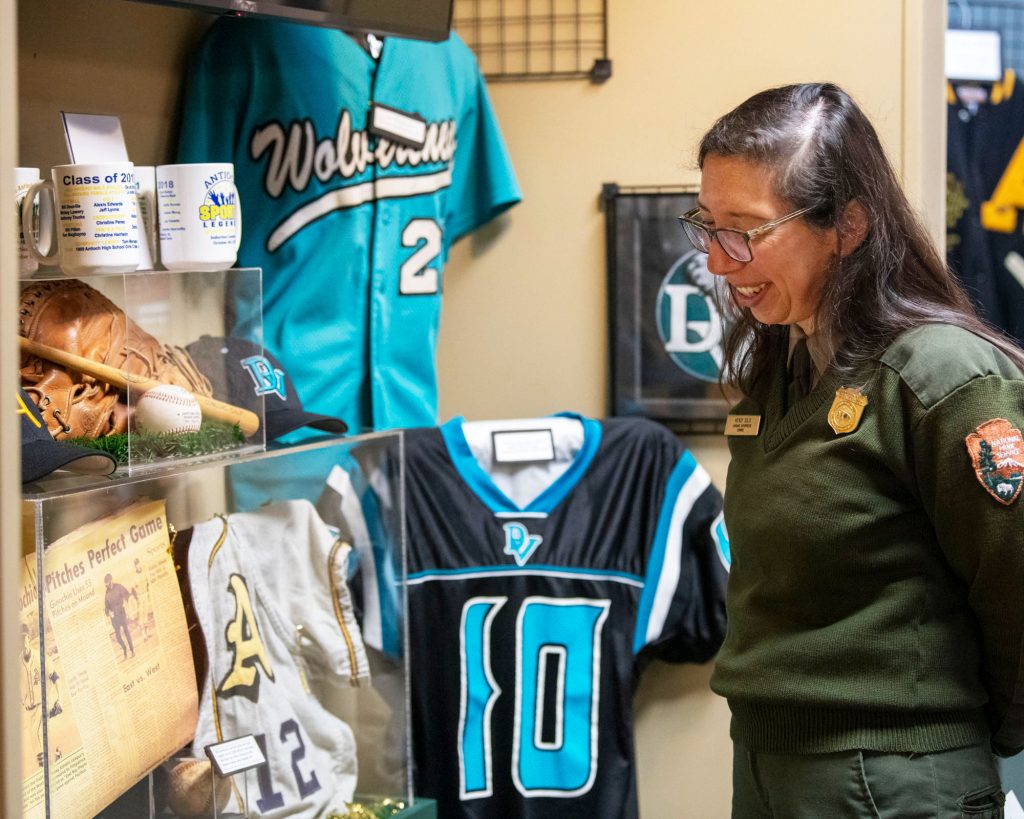 Woman examining a museum display