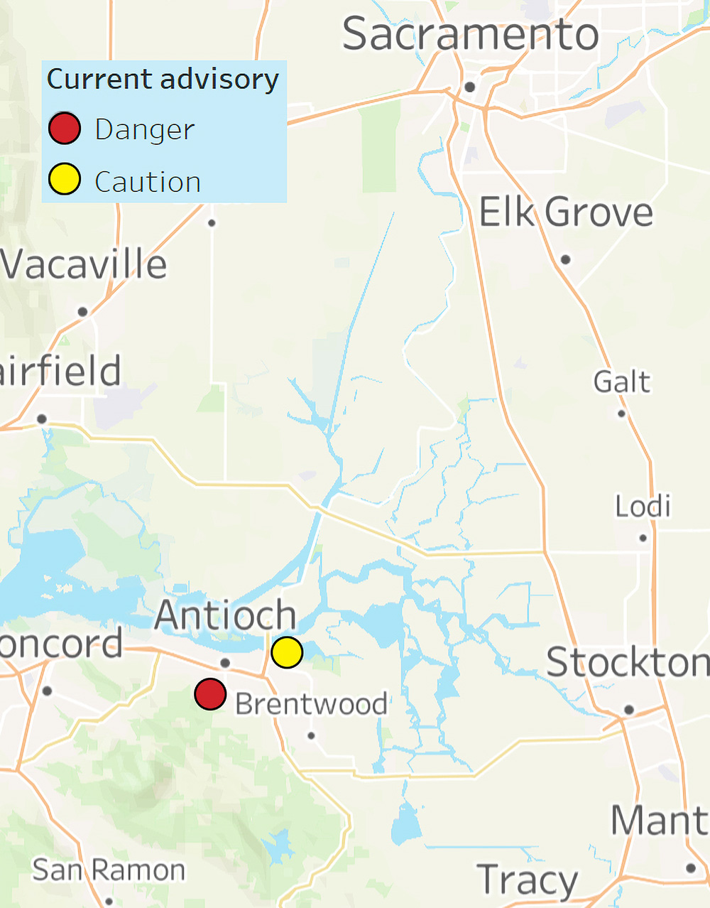 Locator map of harmful algal bloom advisories in the Delta