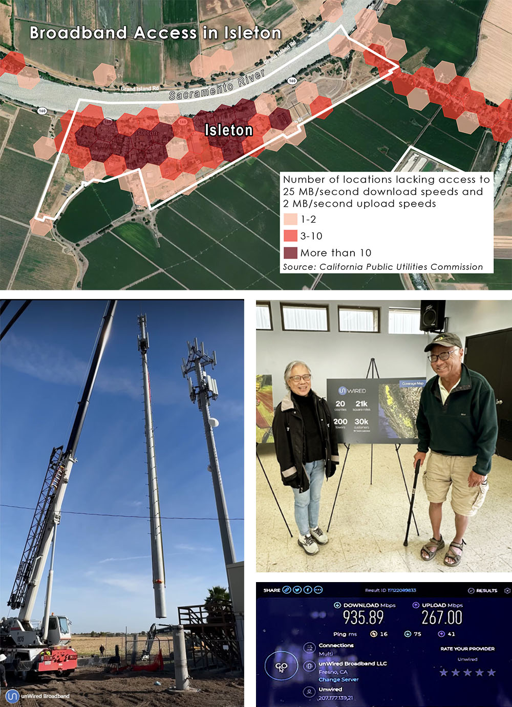 Montage of images: a map showing broadband access, photo of tower installation, photo of a couple and screen shot of an internet speed test.