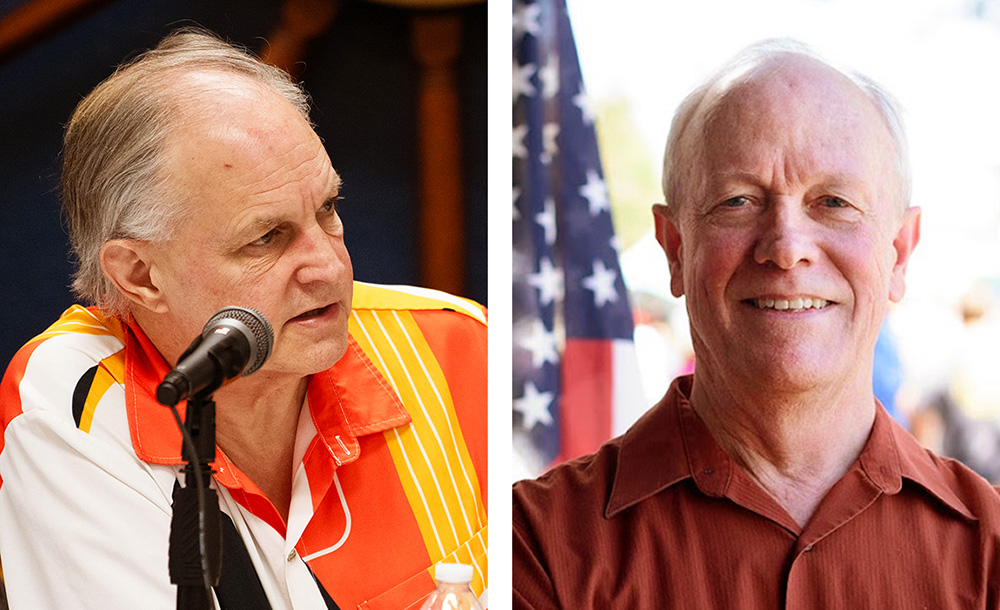 Two men, one speaking at a microphone, the other posing with a US flag in the background
