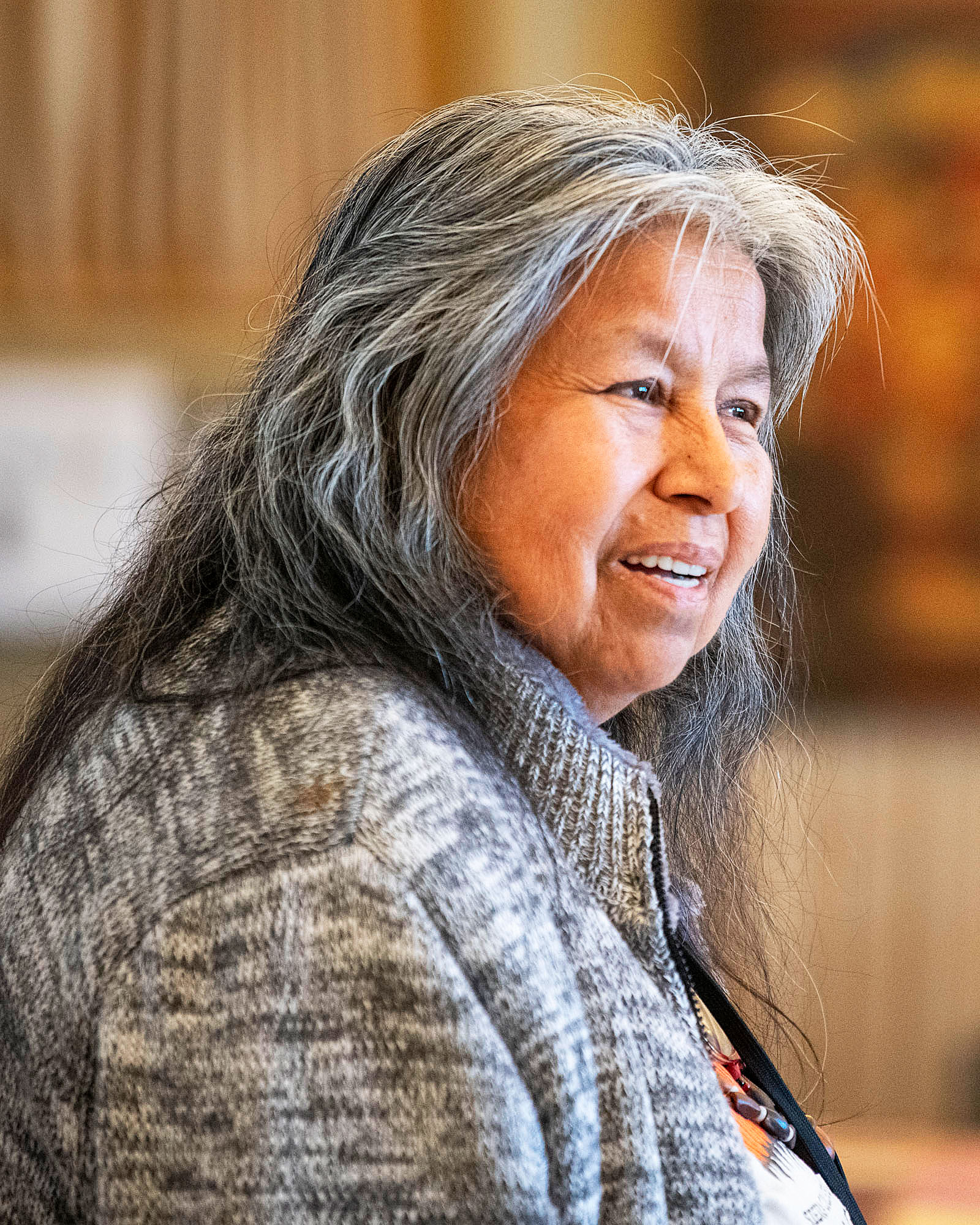 Woman with long graying hair speaking to an audience