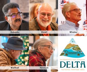 Individual photos of four men and one woman, as well as a Delta National Heritage Area logo 