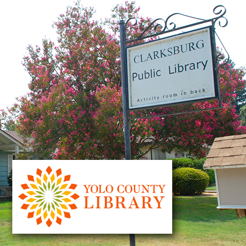 Yolo County Library (a sign hanging from wrought iron on a lawn)