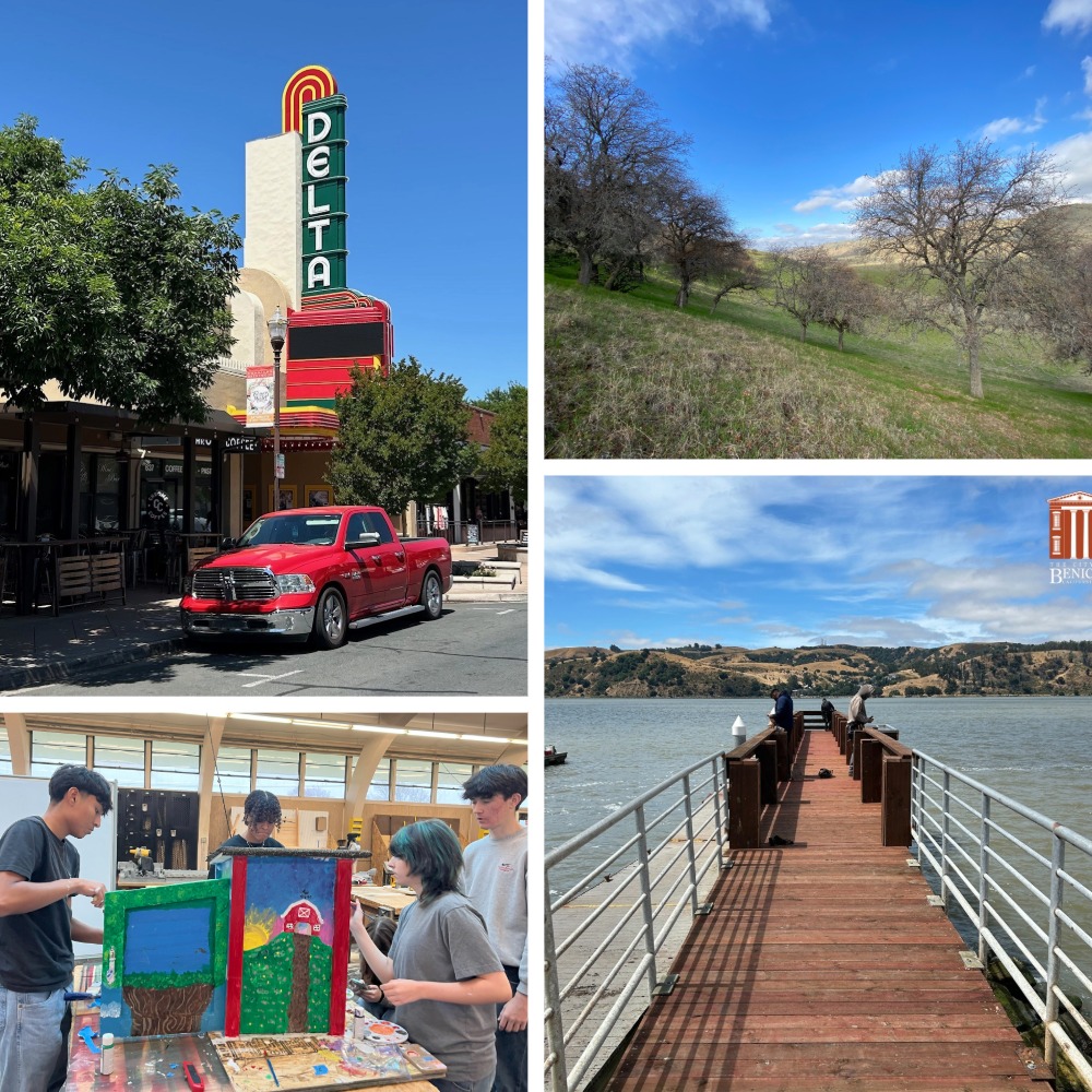 Montage - an old downtown theater, a green hillside, people around a table looking at artwork, a pier.