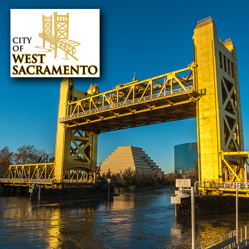 City of West Sacramento (golden vertical lift bridge with city buildings in the background