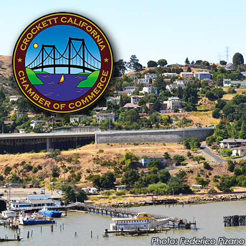 Crockett Chamber of Commerce (a hillside city in the background with boats on the water in the foreground)