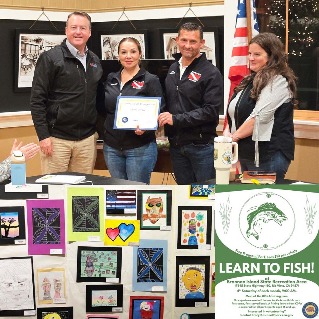 Montage: four adults posing with a certificate, youth art on a wall, a fishing program flyer