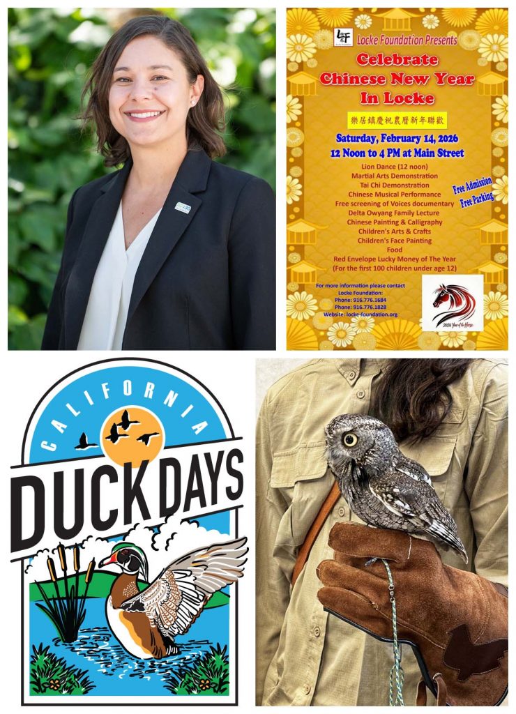 Montage of newsletter images: woman smiling, duck days logo, event flyer, owl on a gloved hand