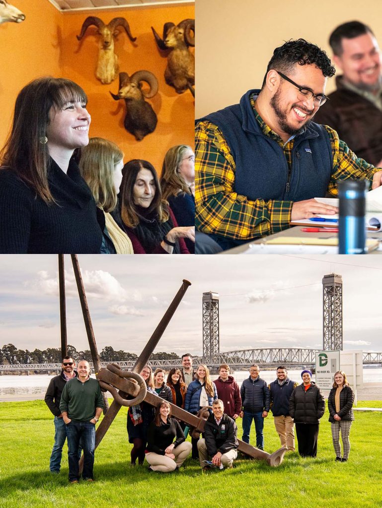 Montage: smiling woman at table, man smiling while looking at documents, group photo next to a large anchor with a bridge over a wide river in the background