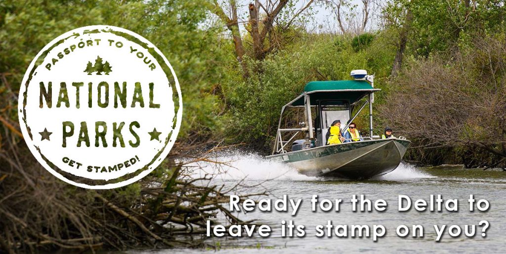 Passport to Your National Parks logo over photo of a boat speeding through a Delta slough