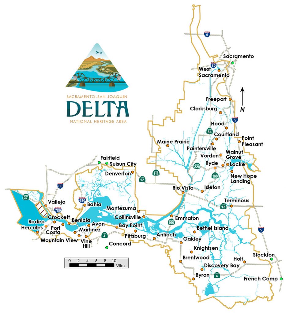 Map showing the locations of 41 cities, Census-designated places and unincorporated communities in the Delta NHA