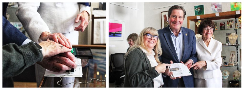 Two photos: Three hands pressing down a rubber stamp, and three people holding a stamped passport