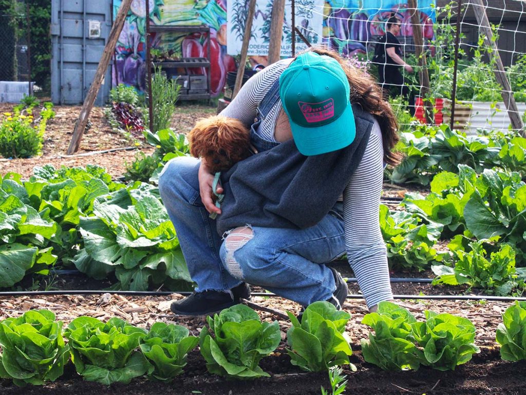 A woman with a small fluffy dog examines garden plants
