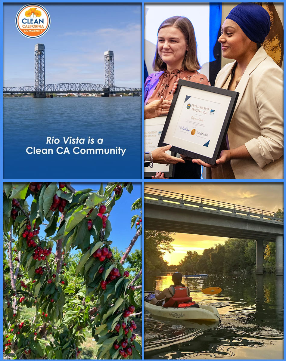 Four images: a bridge over a river, a woman receiving a certificate, ripe cherries on a tree, a kayaker at sunset