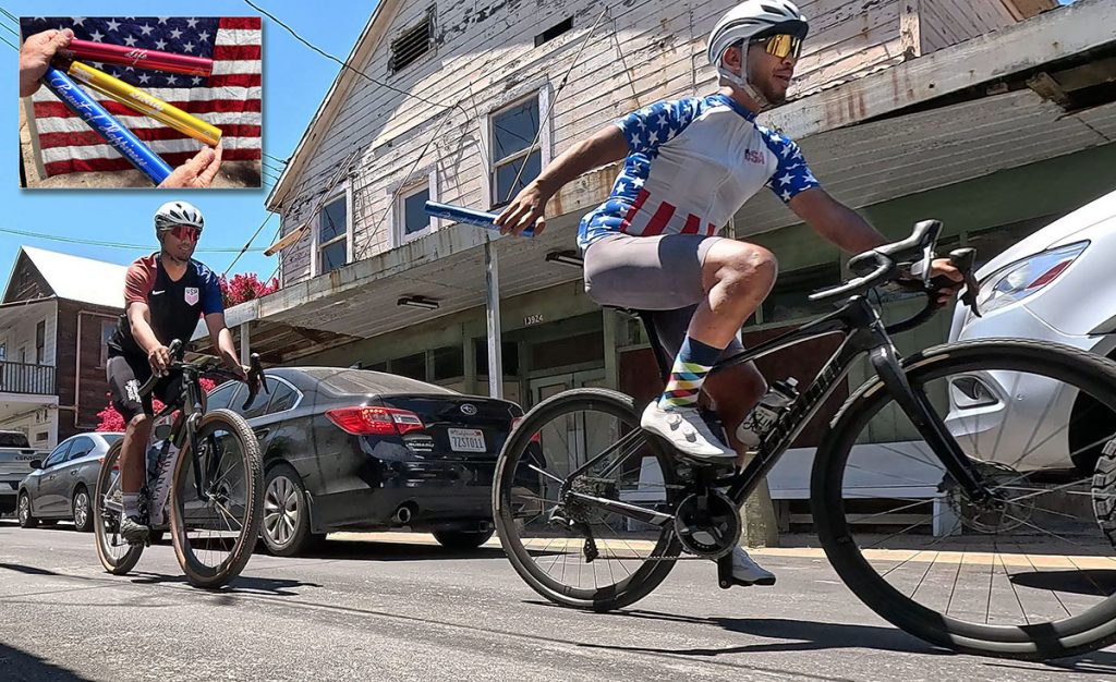 Cyclists riding through an old town