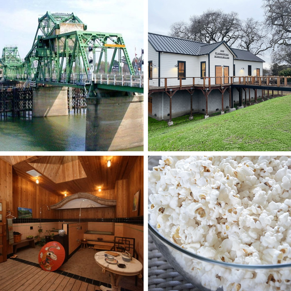Images of the Clarksburg Schoolhouse, the Freeport Bridge, a bowl of popcorn and a Japanese bathhouse.